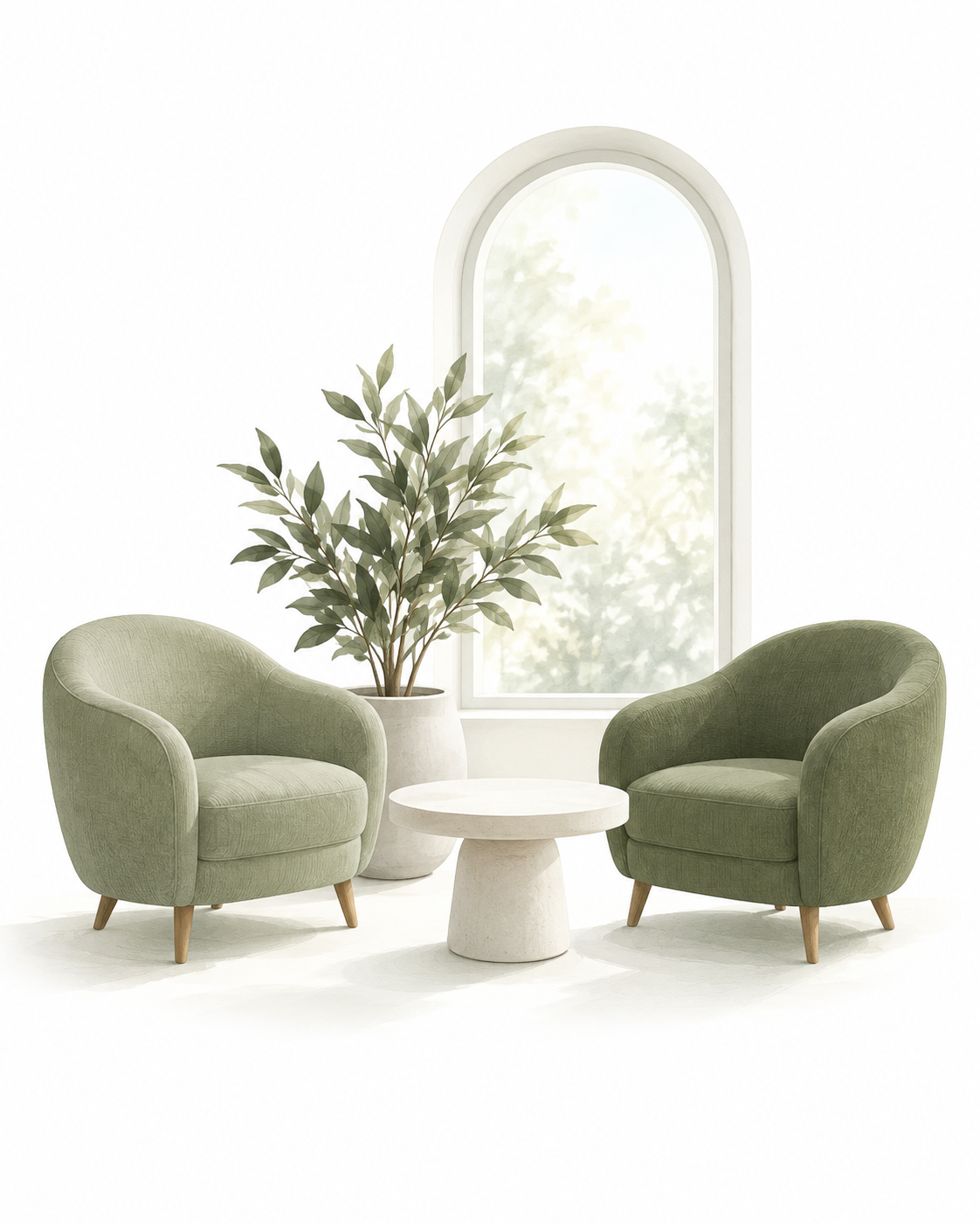 Duas poltronas verdes em um ambiente acolhedor, com mesa e planta.